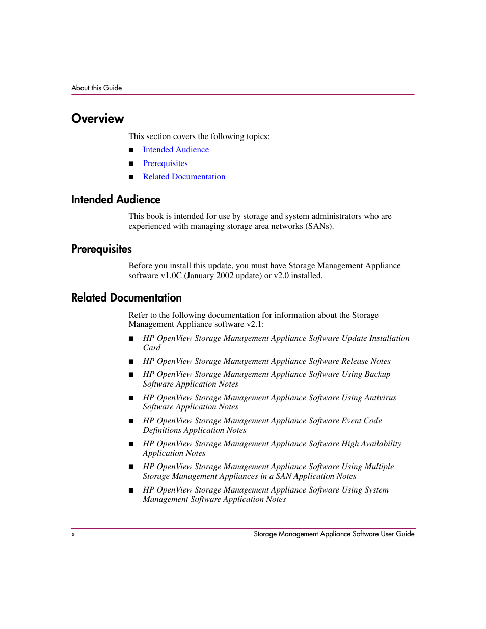 Overview, Intended audience, Prerequisites | Related documentation | HP OpenView Storage Management Appliance and Software User Manual | Page 10 / 132
