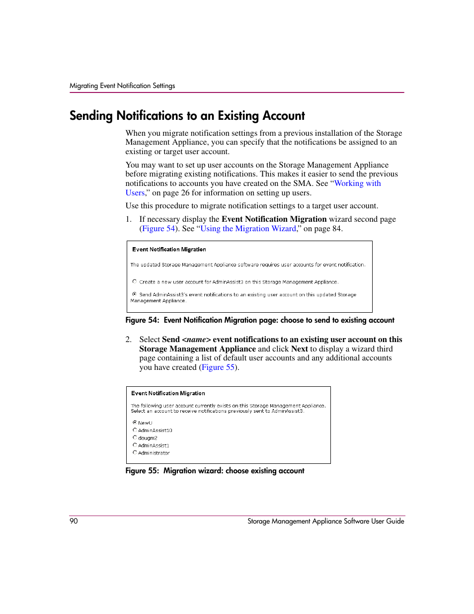 Sending notifications to an existing account, Migration wizard: choose existing account | HP OpenView Storage Management Appliance and Software User Manual | Page 106 / 132