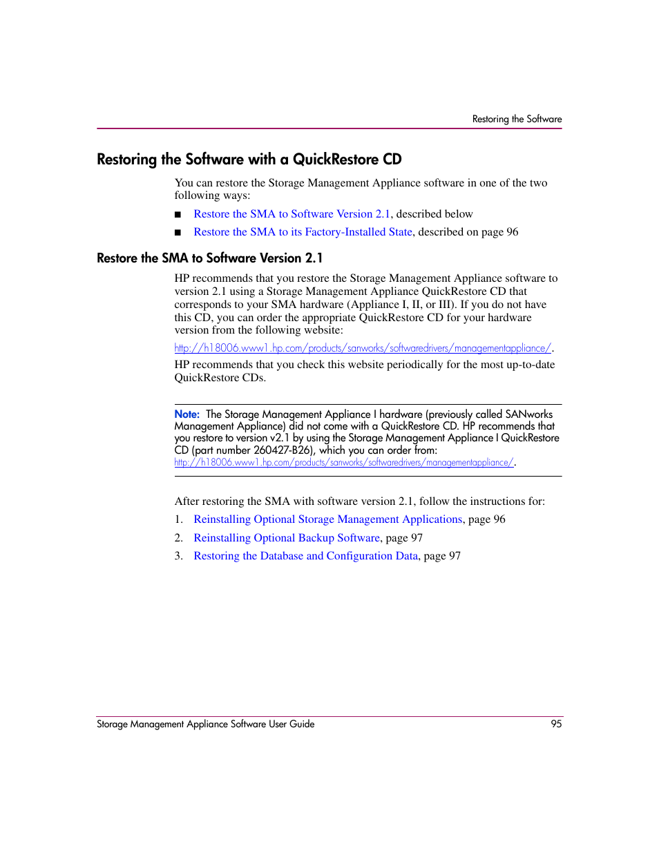 Restoring the software with a quickrestore cd, Restore the sma to software version 2.1 | HP OpenView Storage Management Appliance and Software User Manual | Page 111 / 132