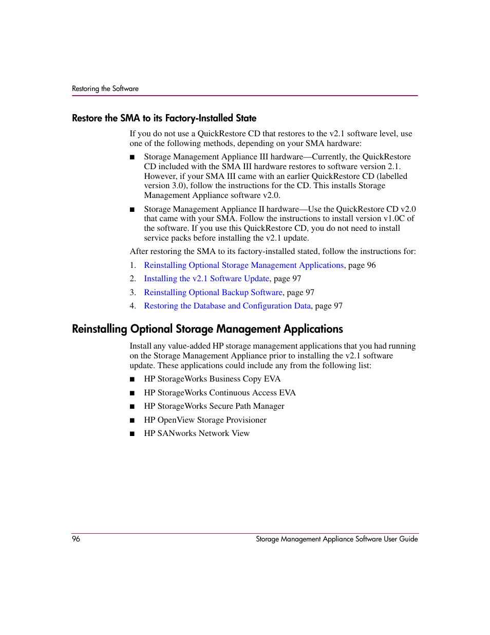 Restore the sma to its factory-installed state | HP OpenView Storage Management Appliance and Software User Manual | Page 112 / 132
