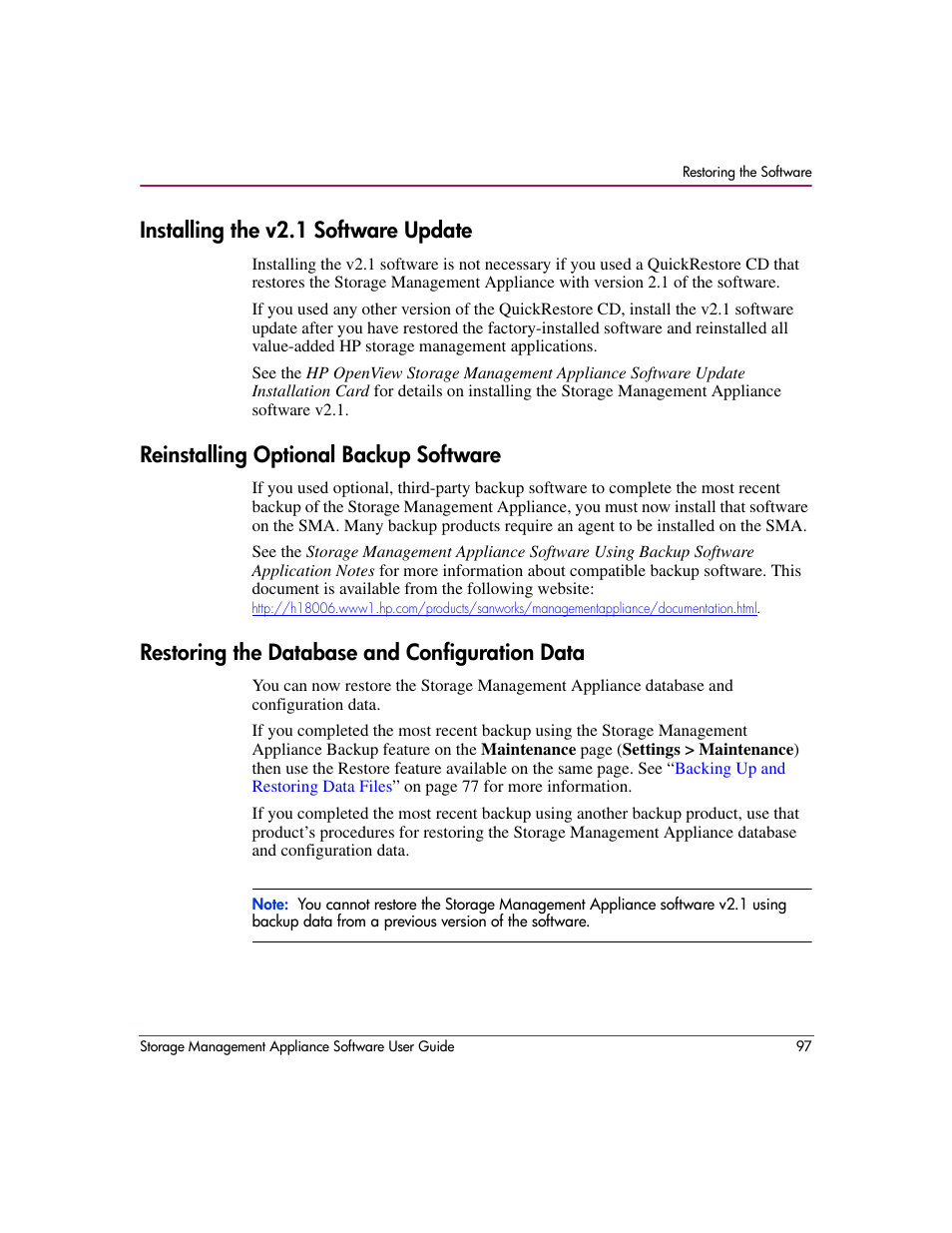 Installing the v2.1 software update, Reinstalling optional backup software, Restoring the database and configuration data | HP OpenView Storage Management Appliance and Software User Manual | Page 113 / 132