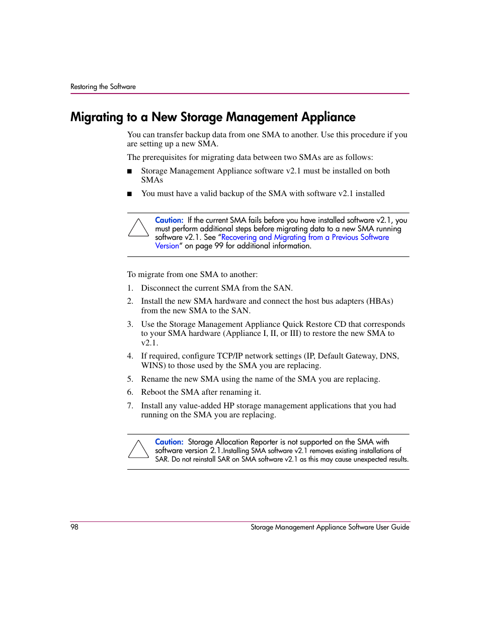 Migrating to a new storage management appliance | HP OpenView Storage Management Appliance and Software User Manual | Page 114 / 132