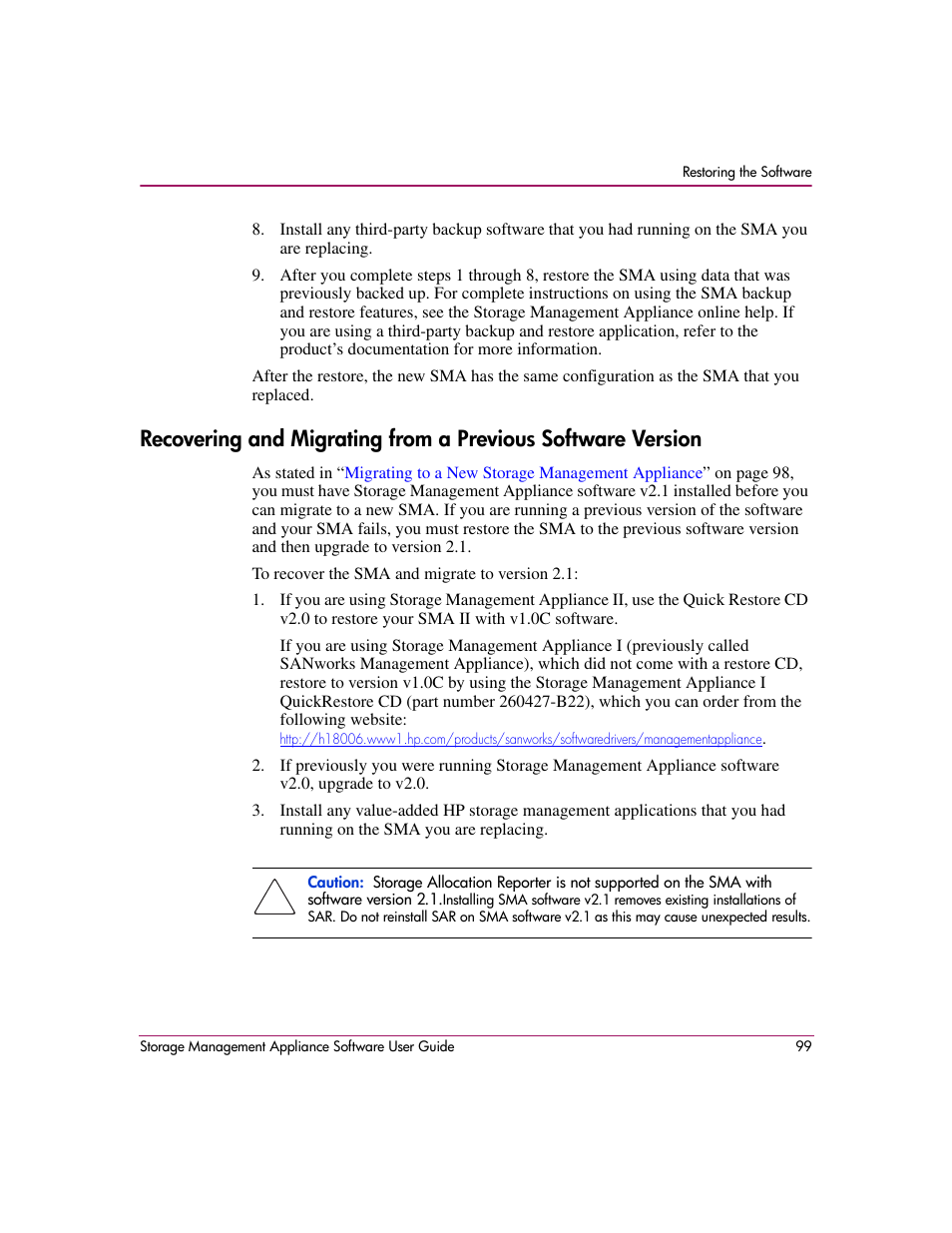 Recovering and migrating from a previous software, Version | HP OpenView Storage Management Appliance and Software User Manual | Page 115 / 132