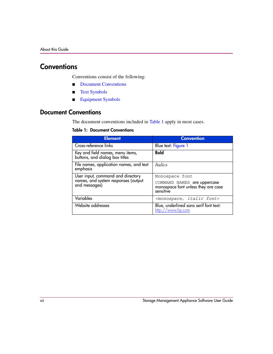 Conventions, Document conventions | HP OpenView Storage Management Appliance and Software User Manual | Page 12 / 132