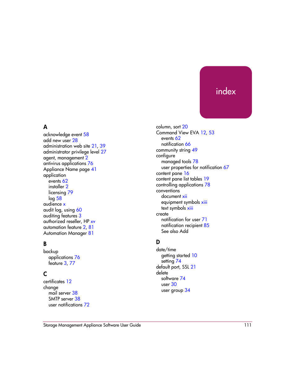 Index | HP OpenView Storage Management Appliance and Software User Manual | Page 127 / 132