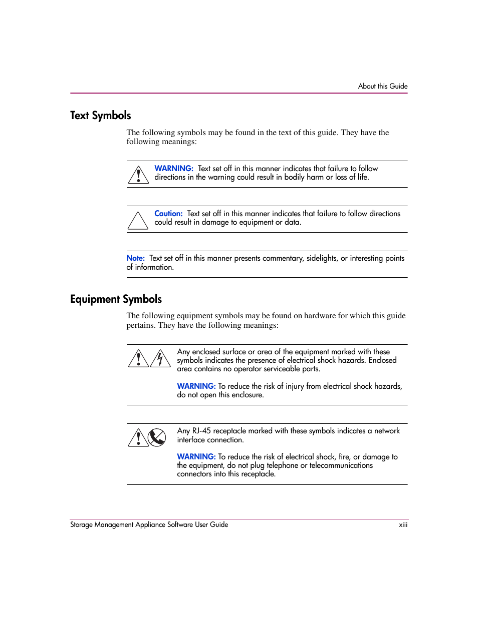 Text symbols, Equipment symbols | HP OpenView Storage Management Appliance and Software User Manual | Page 13 / 132