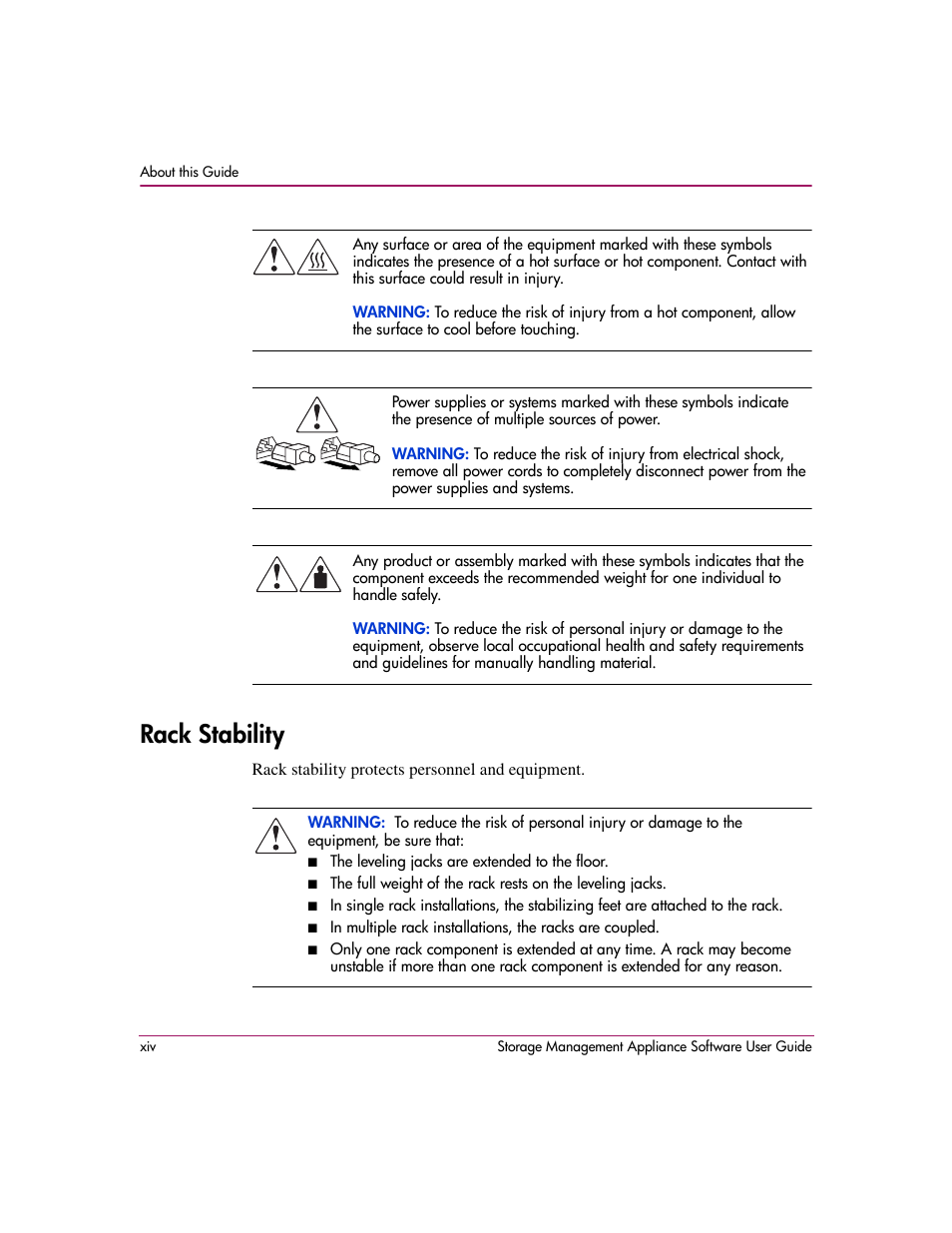 Rack stability | HP OpenView Storage Management Appliance and Software User Manual | Page 14 / 132
