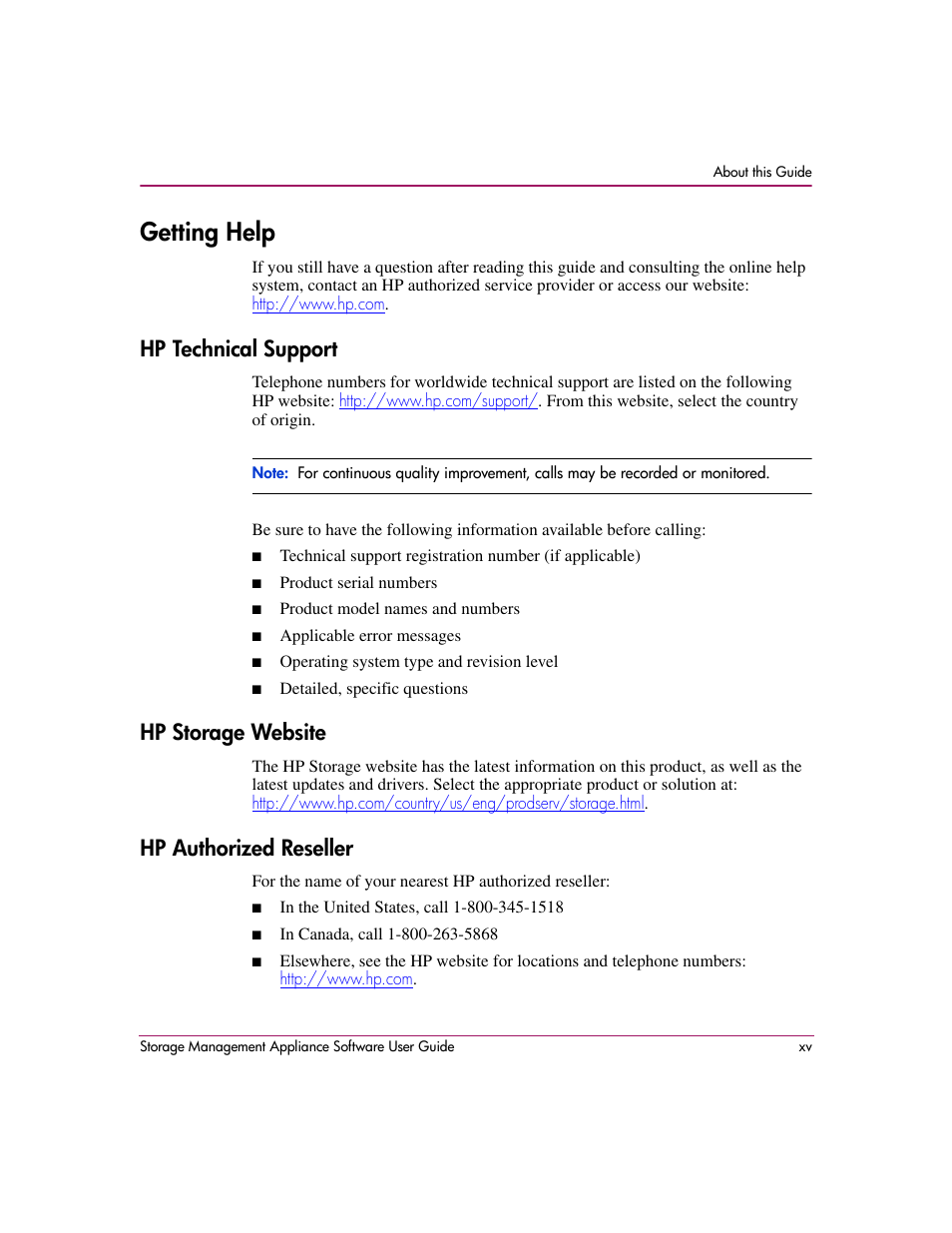 Getting help, Hp technical support, Hp storage website | Hp authorized reseller | HP OpenView Storage Management Appliance and Software User Manual | Page 15 / 132