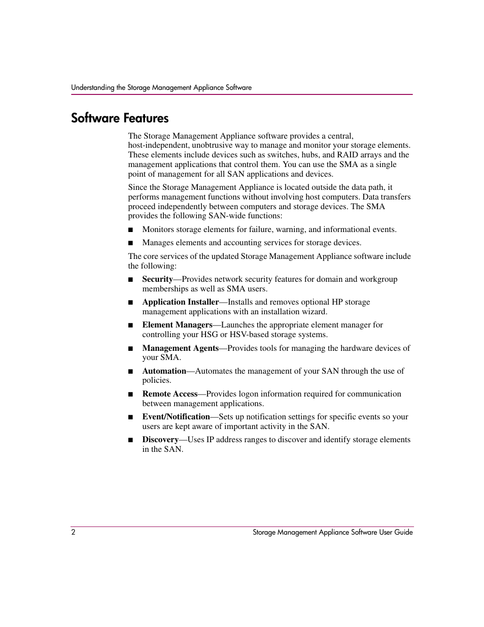 Software features | HP OpenView Storage Management Appliance and Software User Manual | Page 18 / 132