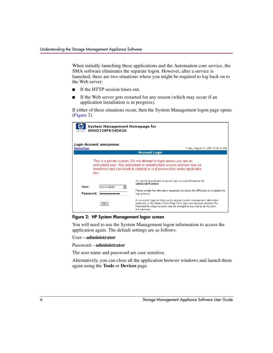 Hp system management logon screen | HP OpenView Storage Management Appliance and Software User Manual | Page 22 / 132