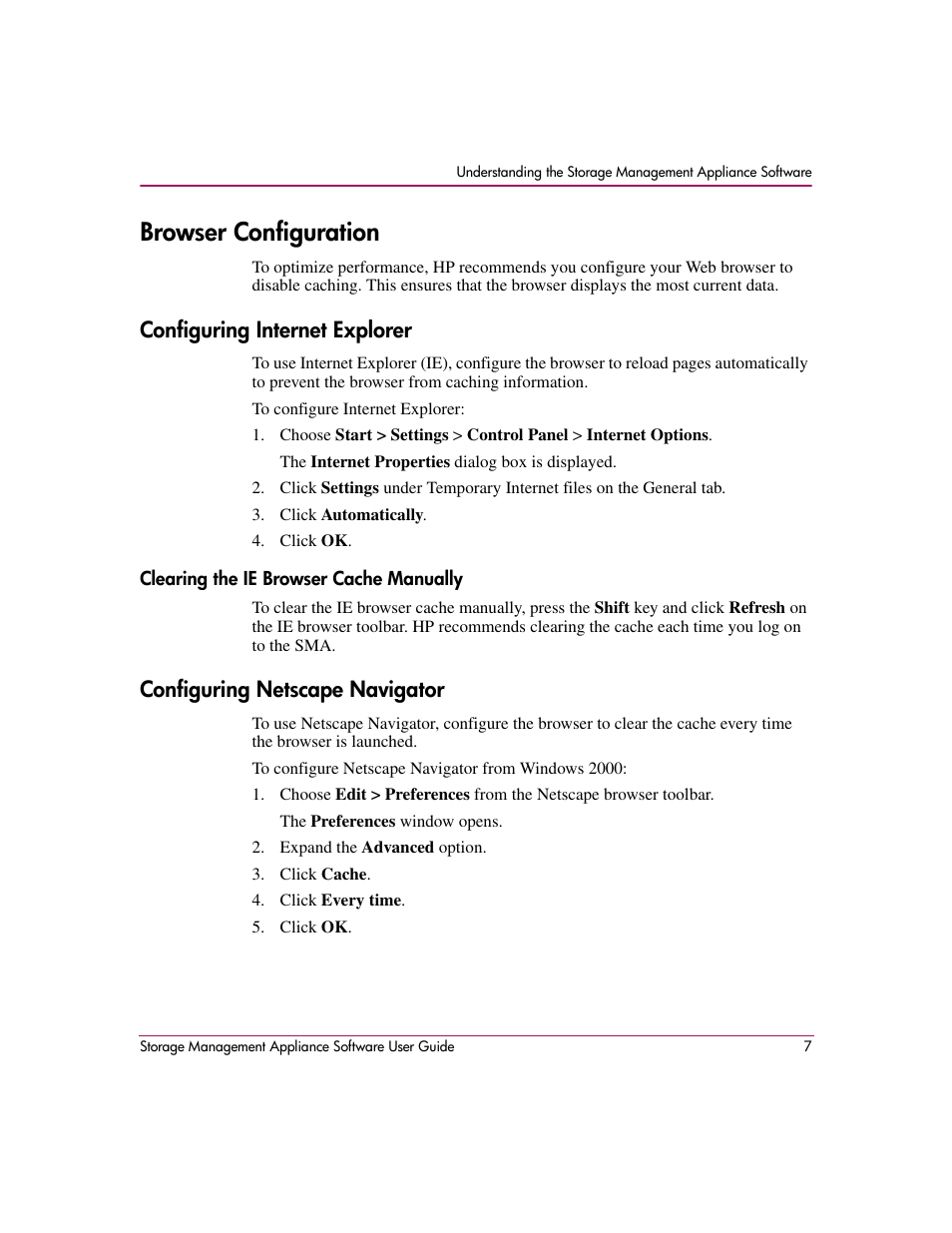 Browser configuration, Configuring internet explorer, Configuring netscape navigator | Clearing the ie browser cache manually | HP OpenView Storage Management Appliance and Software User Manual | Page 23 / 132