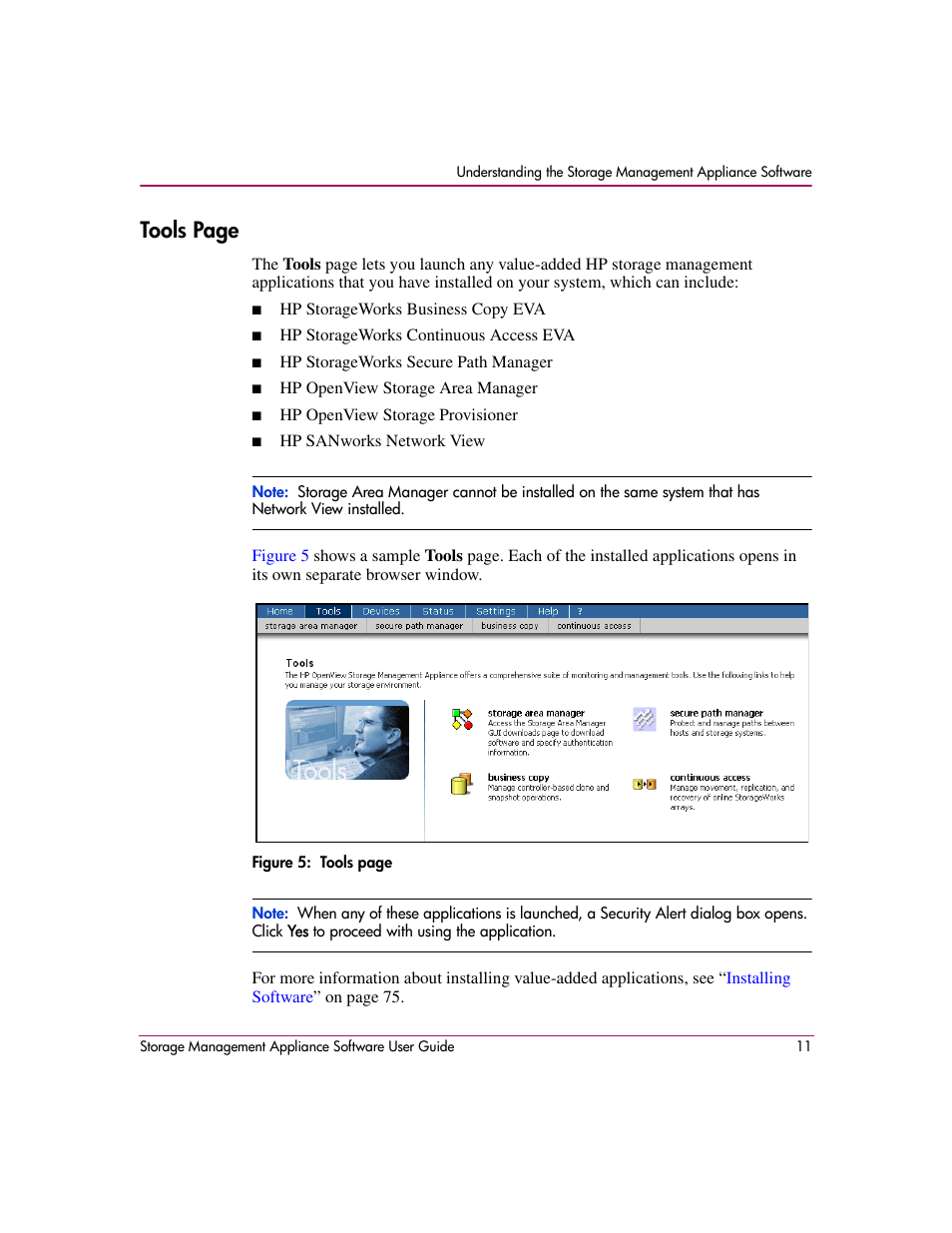Tools page | HP OpenView Storage Management Appliance and Software User Manual | Page 27 / 132
