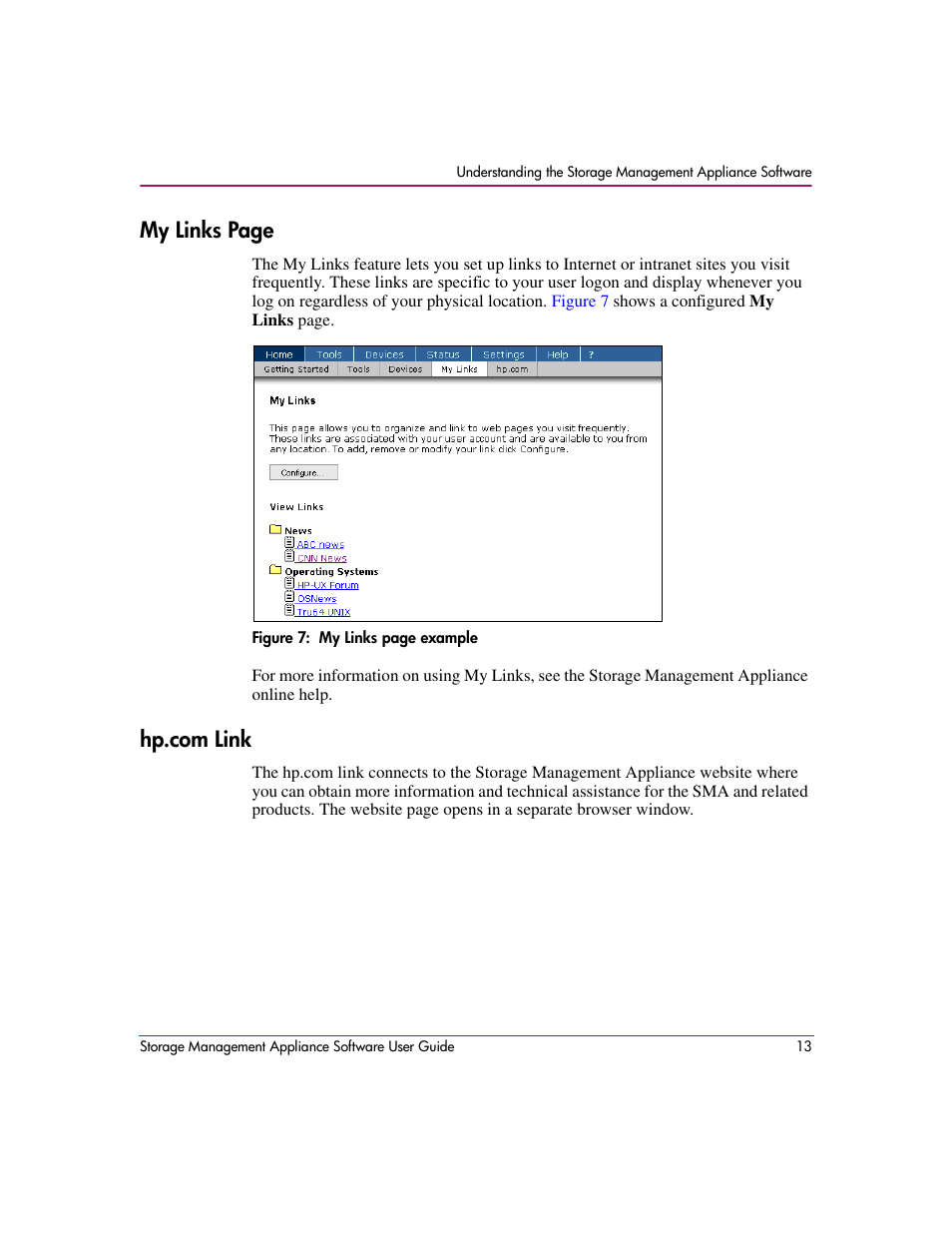 Hp.com link, My links page | HP OpenView Storage Management Appliance and Software User Manual | Page 29 / 132