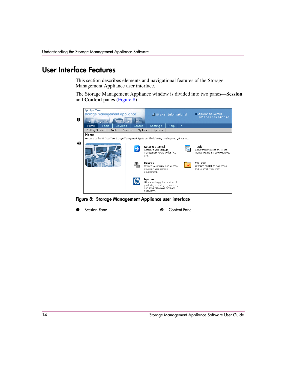 User interface features, Storage management appliance user interface | HP OpenView Storage Management Appliance and Software User Manual | Page 30 / 132