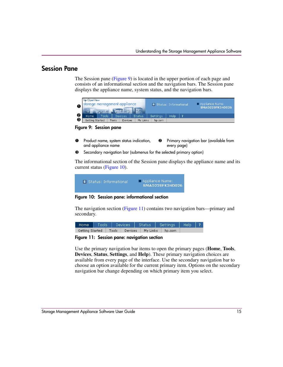 Session pane, Session pane: informational section, Session pane: navigation section | HP OpenView Storage Management Appliance and Software User Manual | Page 31 / 132