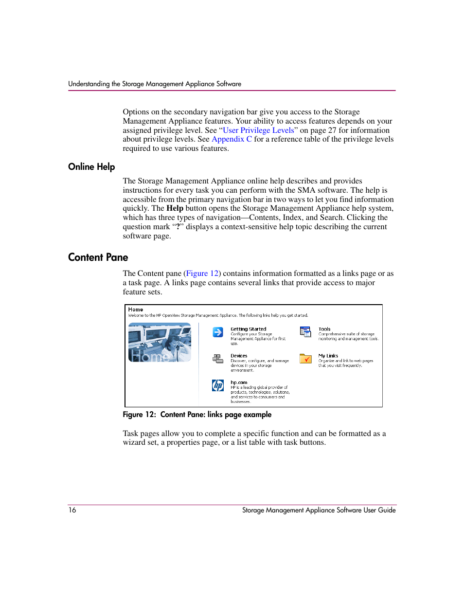 Content pane, Online help | HP OpenView Storage Management Appliance and Software User Manual | Page 32 / 132