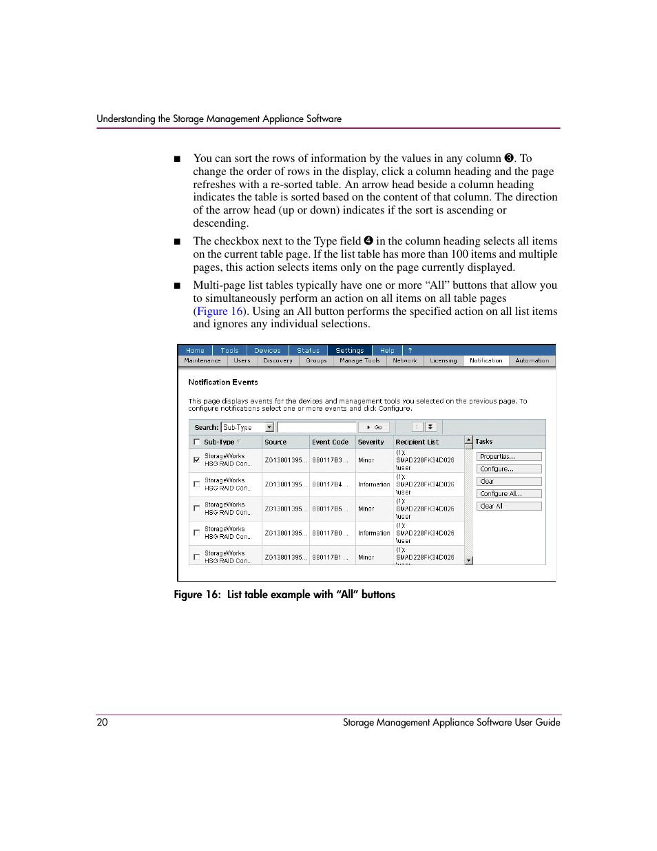 List table example with “all” buttons | HP OpenView Storage Management Appliance and Software User Manual | Page 36 / 132