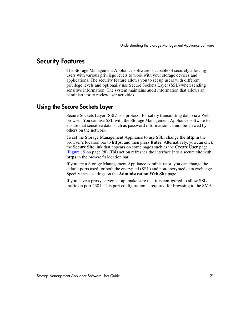 Security features, Using the secure sockets layer | HP OpenView Storage Management Appliance and Software User Manual | Page 37 / 132