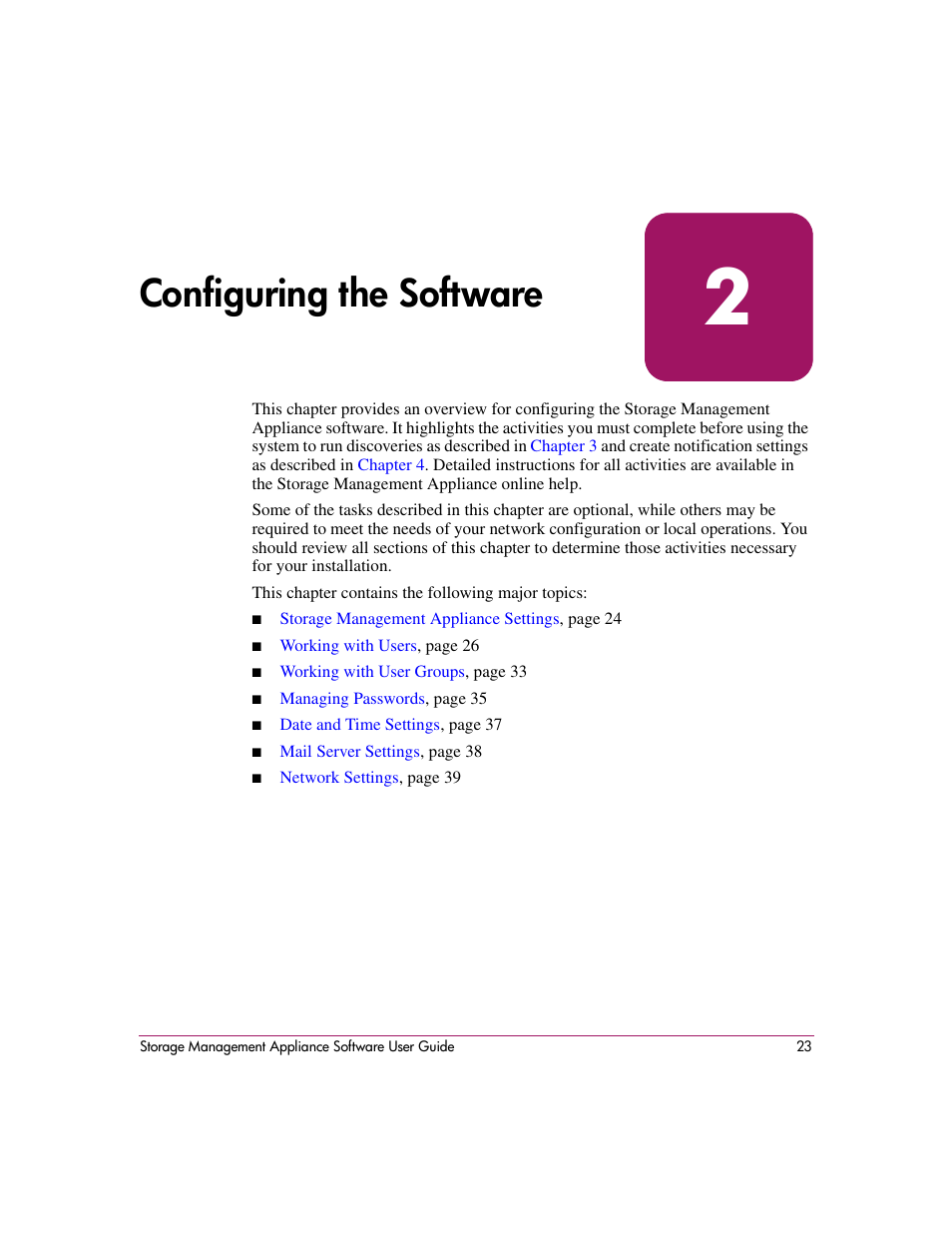 2 configuring the software, Configuring the software | HP OpenView Storage Management Appliance and Software User Manual | Page 39 / 132