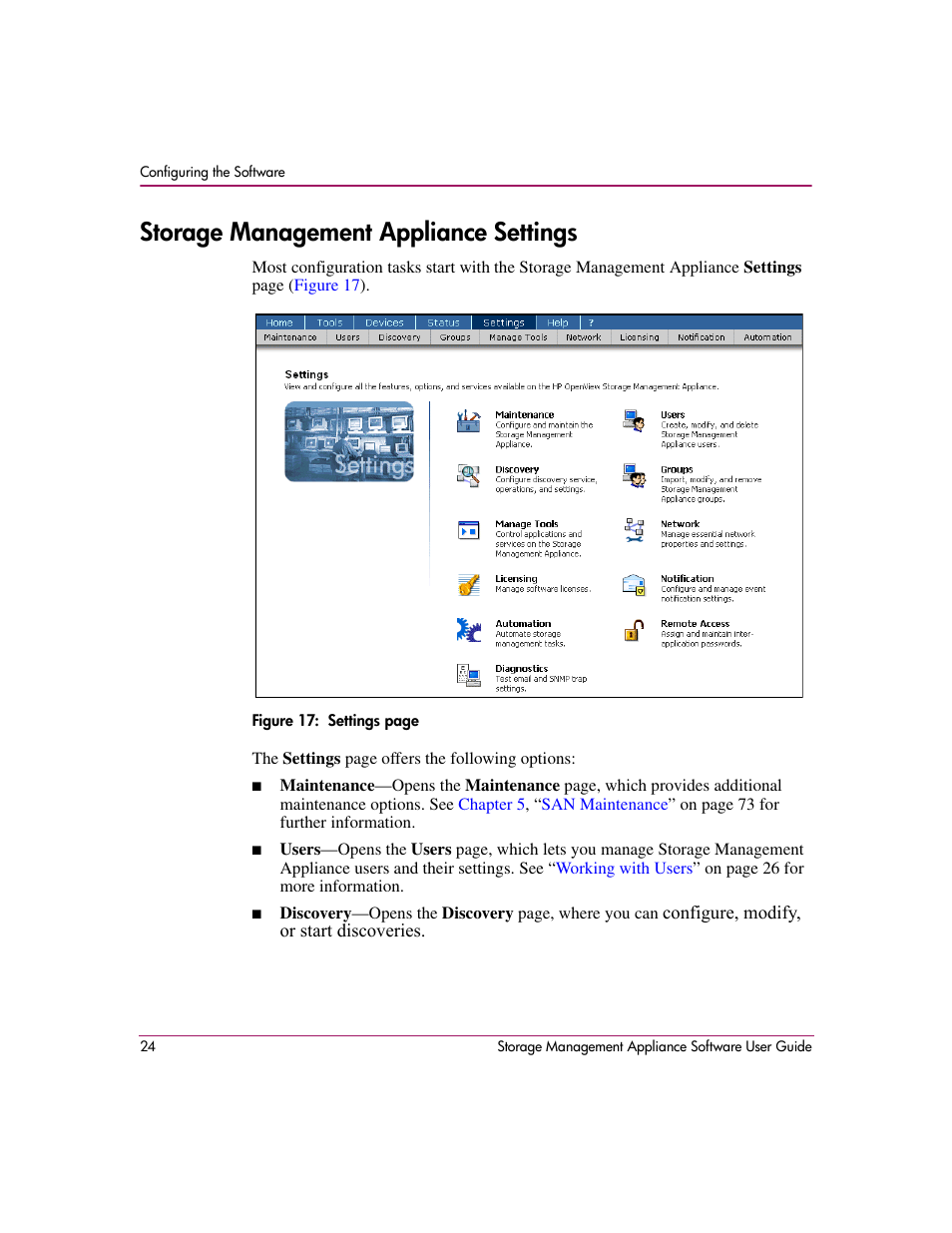 Storage management appliance settings | HP OpenView Storage Management Appliance and Software User Manual | Page 40 / 132