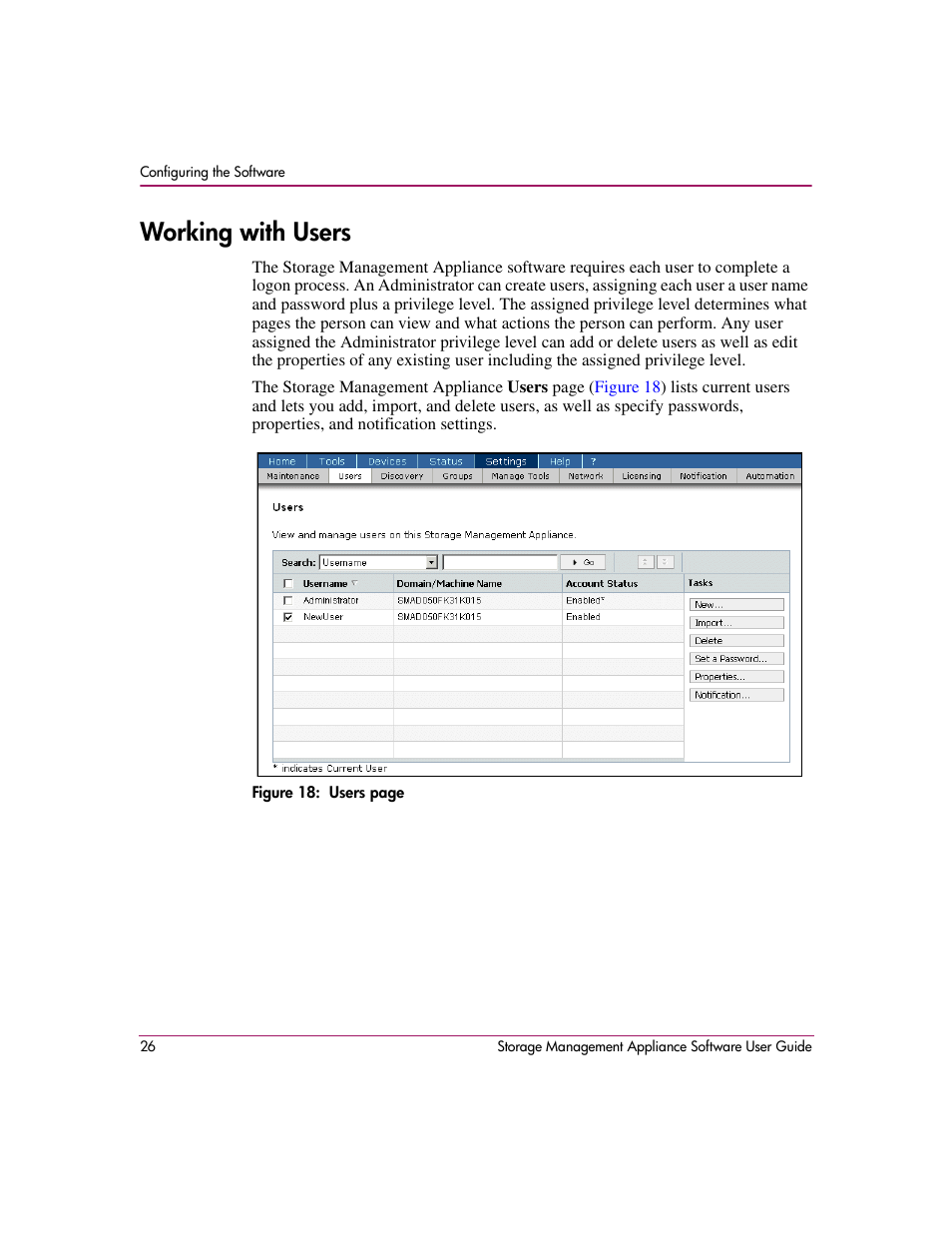 Working with users, Their settings. see | HP OpenView Storage Management Appliance and Software User Manual | Page 42 / 132