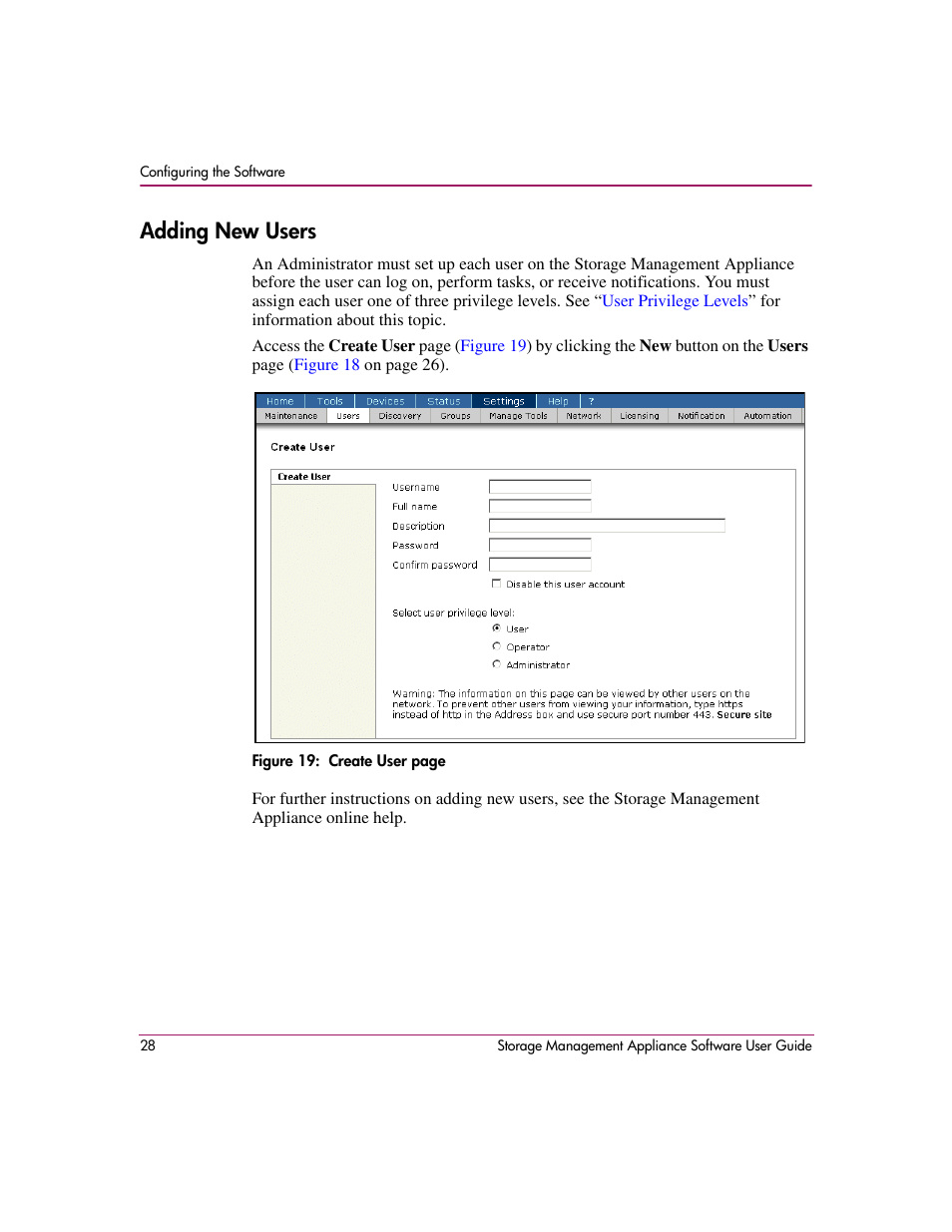 Adding new users | HP OpenView Storage Management Appliance and Software User Manual | Page 44 / 132