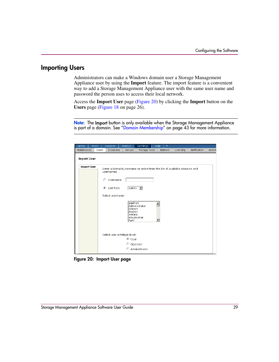 Importing users | HP OpenView Storage Management Appliance and Software User Manual | Page 45 / 132