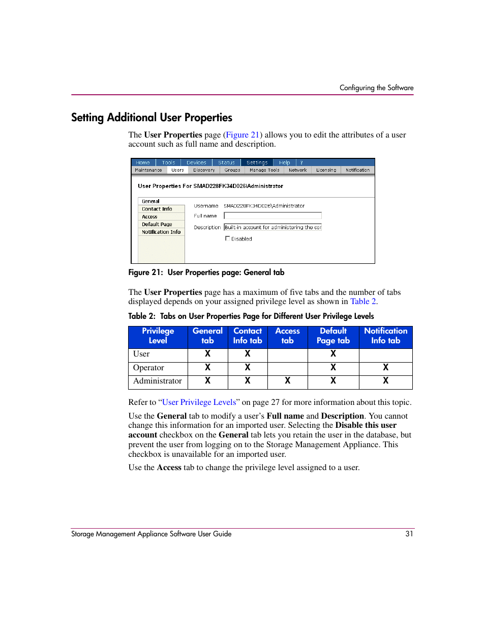 Setting additional user properties | HP OpenView Storage Management Appliance and Software User Manual | Page 47 / 132