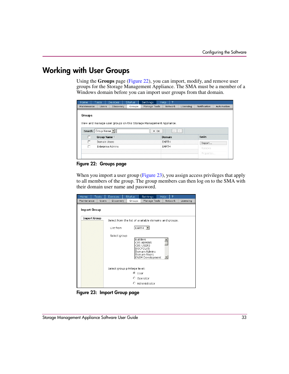 Working with user groups | HP OpenView Storage Management Appliance and Software User Manual | Page 49 / 132