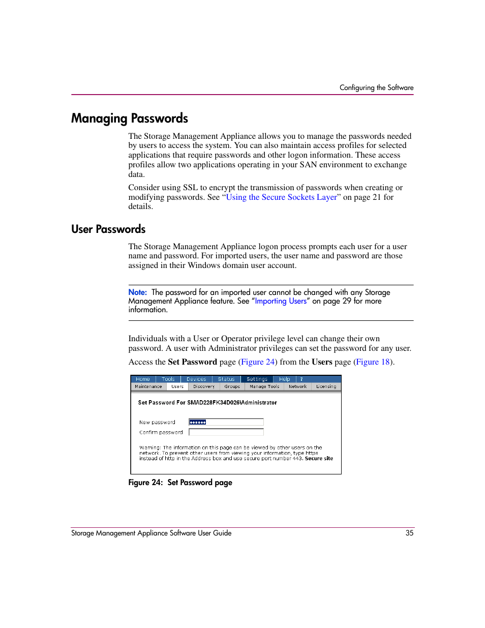 Managing passwords, User passwords, Ers. see | Managing, Passwords | HP OpenView Storage Management Appliance and Software User Manual | Page 51 / 132