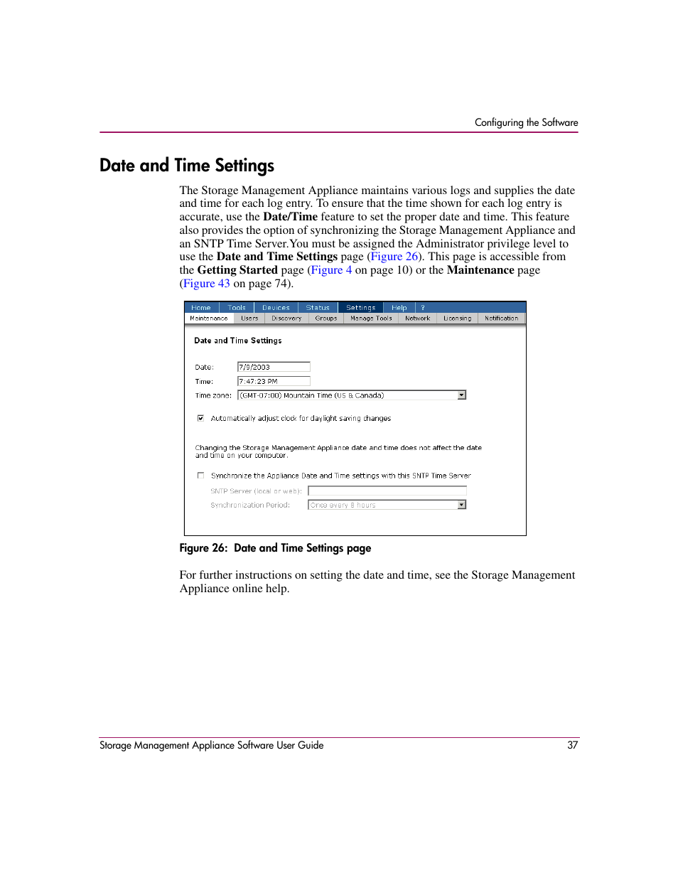 Date and time settings | HP OpenView Storage Management Appliance and Software User Manual | Page 53 / 132