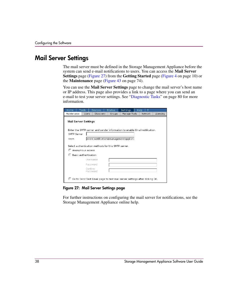 Mail server settings, Ation features. see | HP OpenView Storage Management Appliance and Software User Manual | Page 54 / 132
