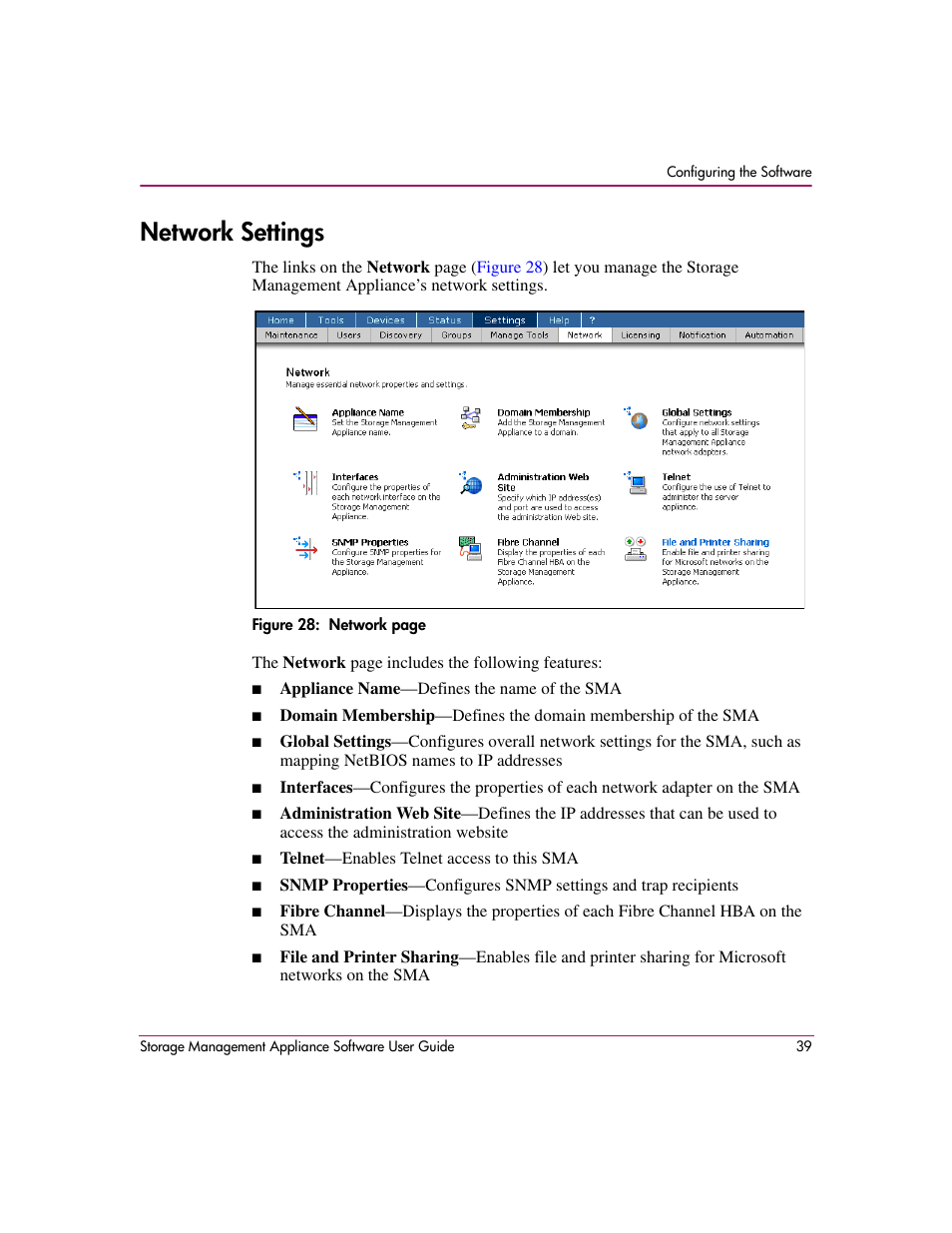 Network settings | HP OpenView Storage Management Appliance and Software User Manual | Page 55 / 132