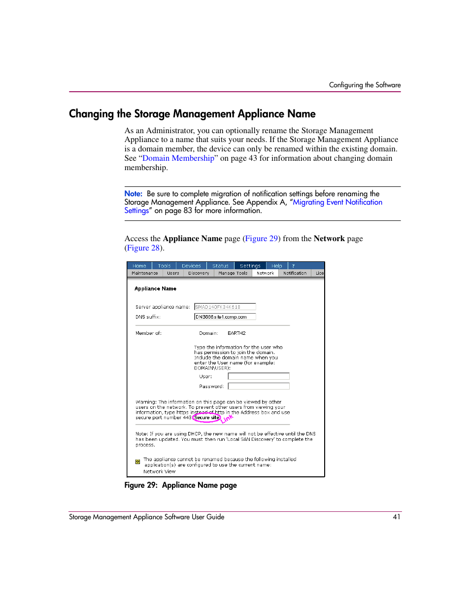 Changing the storage management appliance name | HP OpenView Storage Management Appliance and Software User Manual | Page 57 / 132