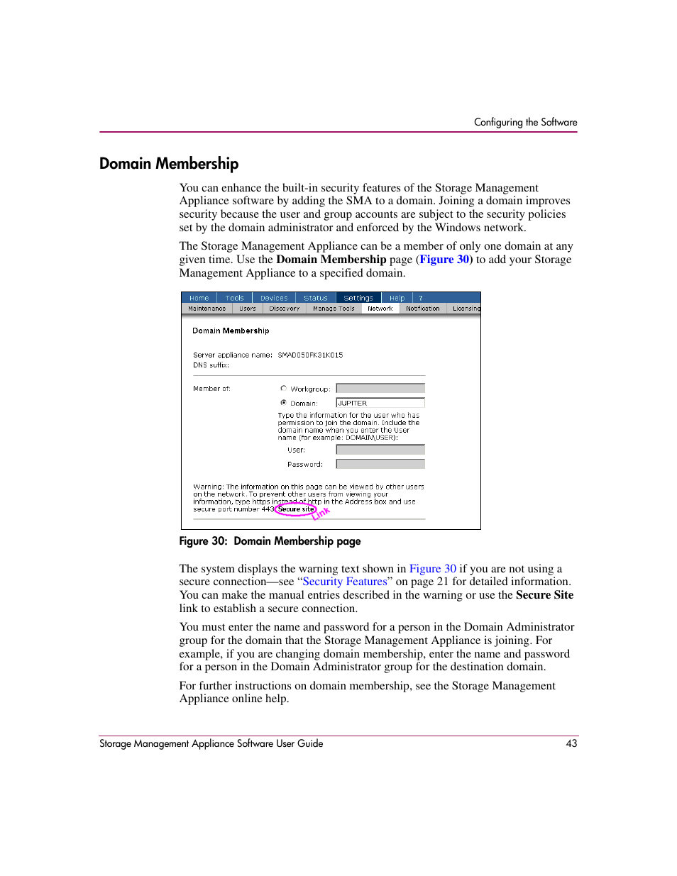 Domain membership, S domain. see | HP OpenView Storage Management Appliance and Software User Manual | Page 59 / 132