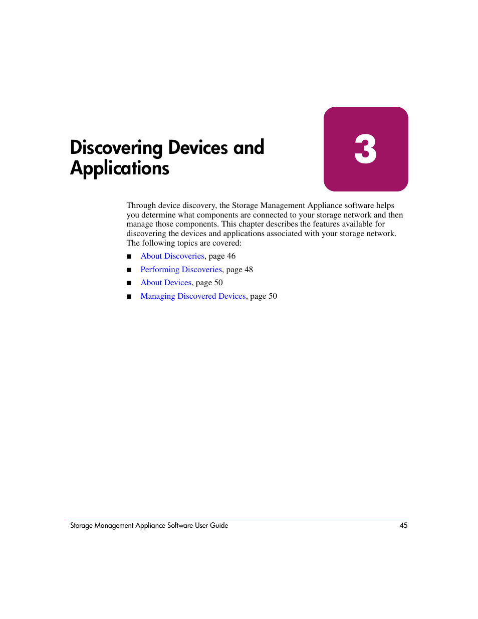 3 discovering devices and applications, Discovering devices and applications, Chapter 3 | And create notif | HP OpenView Storage Management Appliance and Software User Manual | Page 61 / 132