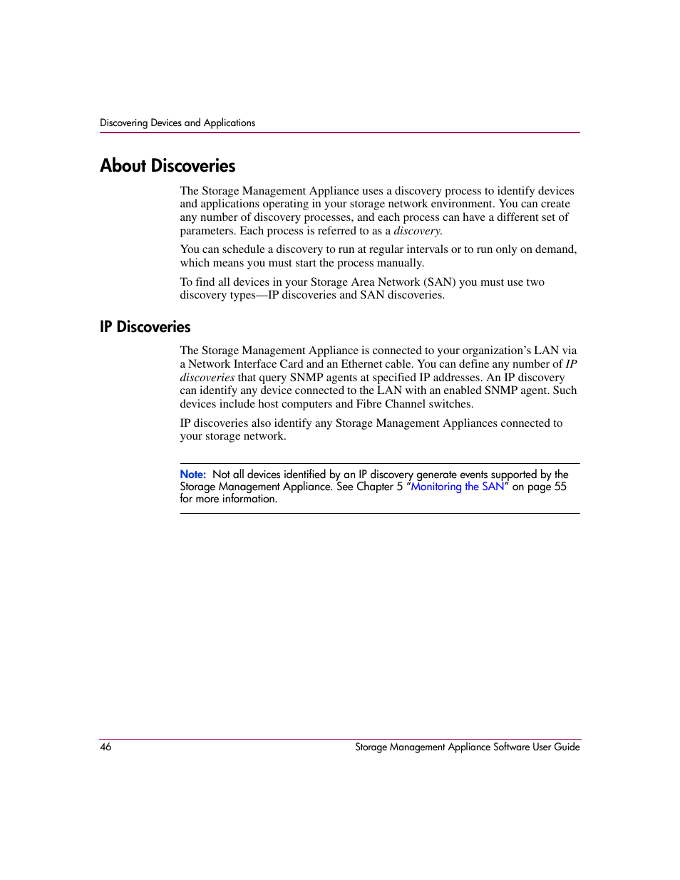About discoveries, Ip discoveries | HP OpenView Storage Management Appliance and Software User Manual | Page 62 / 132