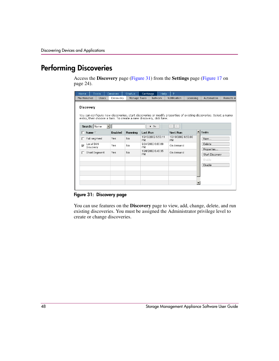 Performing discoveries, Figure 31 | HP OpenView Storage Management Appliance and Software User Manual | Page 64 / 132