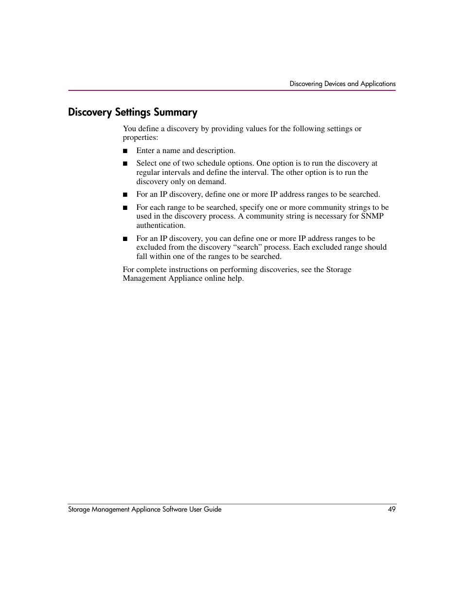 Discovery settings summary | HP OpenView Storage Management Appliance and Software User Manual | Page 65 / 132