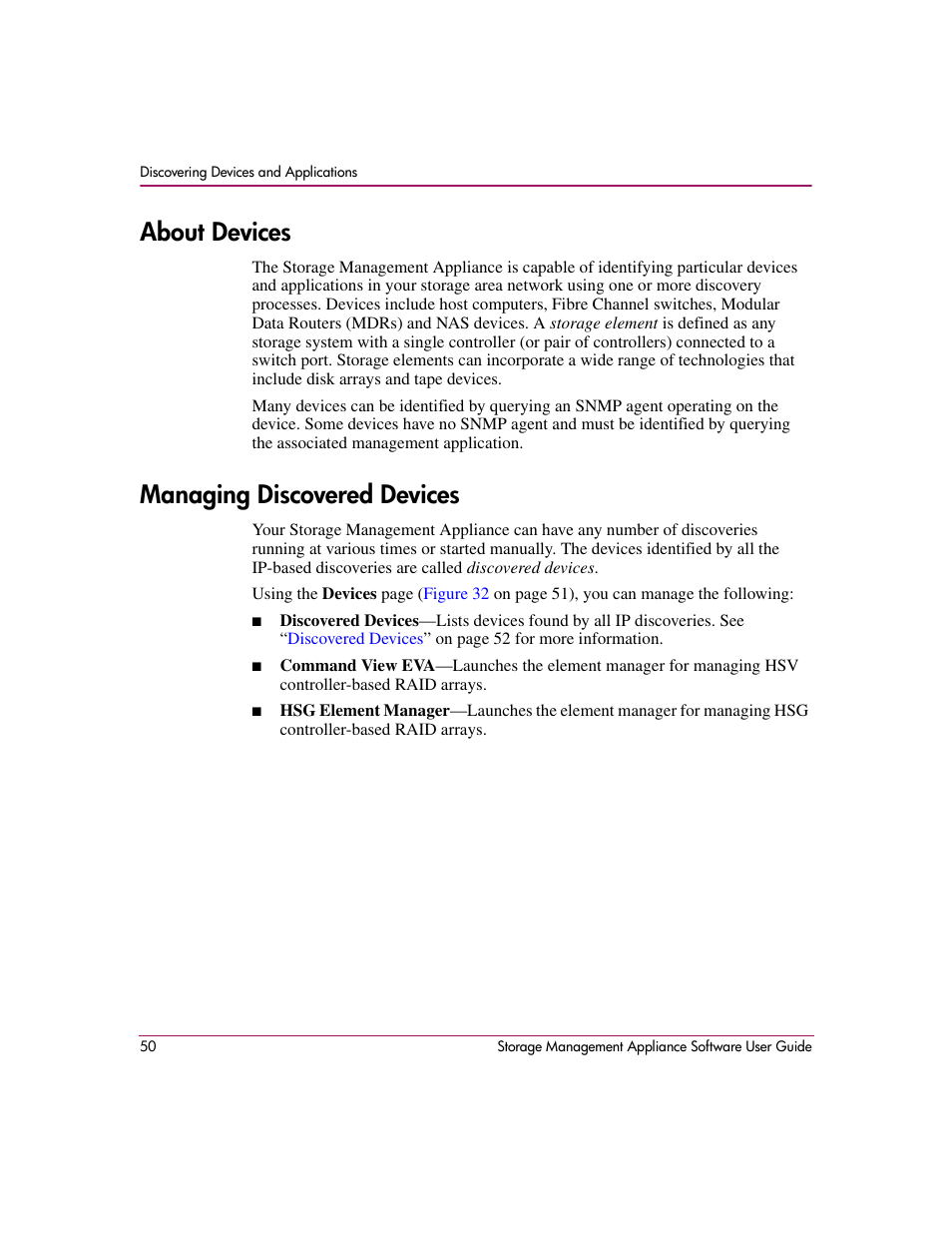 About devices, Managing discovered devices, About devices managing discovered devices | HP OpenView Storage Management Appliance and Software User Manual | Page 66 / 132