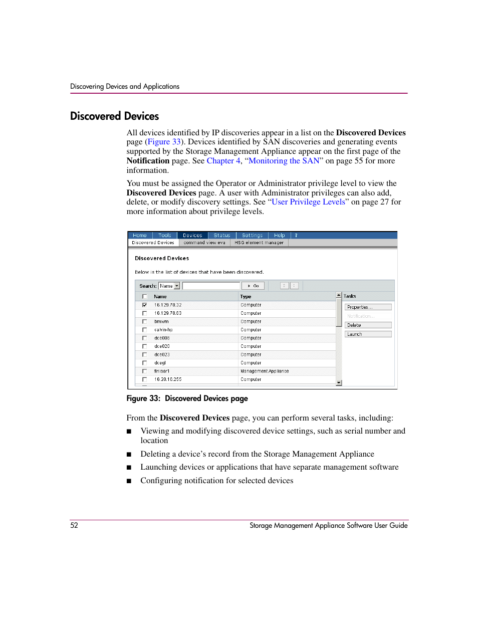 Discovered devices | HP OpenView Storage Management Appliance and Software User Manual | Page 68 / 132