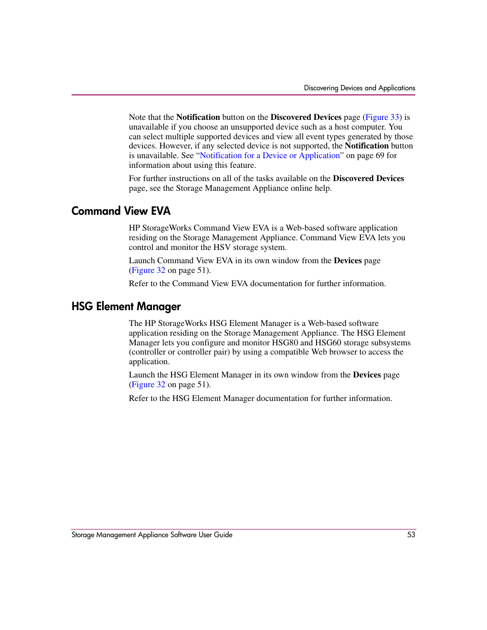Command view eva, Hsg element manager, Command view eva hsg element manager | HP OpenView Storage Management Appliance and Software User Manual | Page 69 / 132