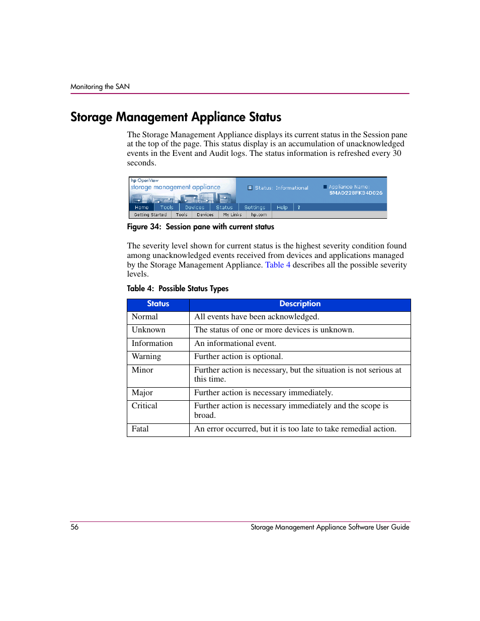 Storage management appliance status, Session pane with current status, Possible status types | HP OpenView Storage Management Appliance and Software User Manual | Page 72 / 132