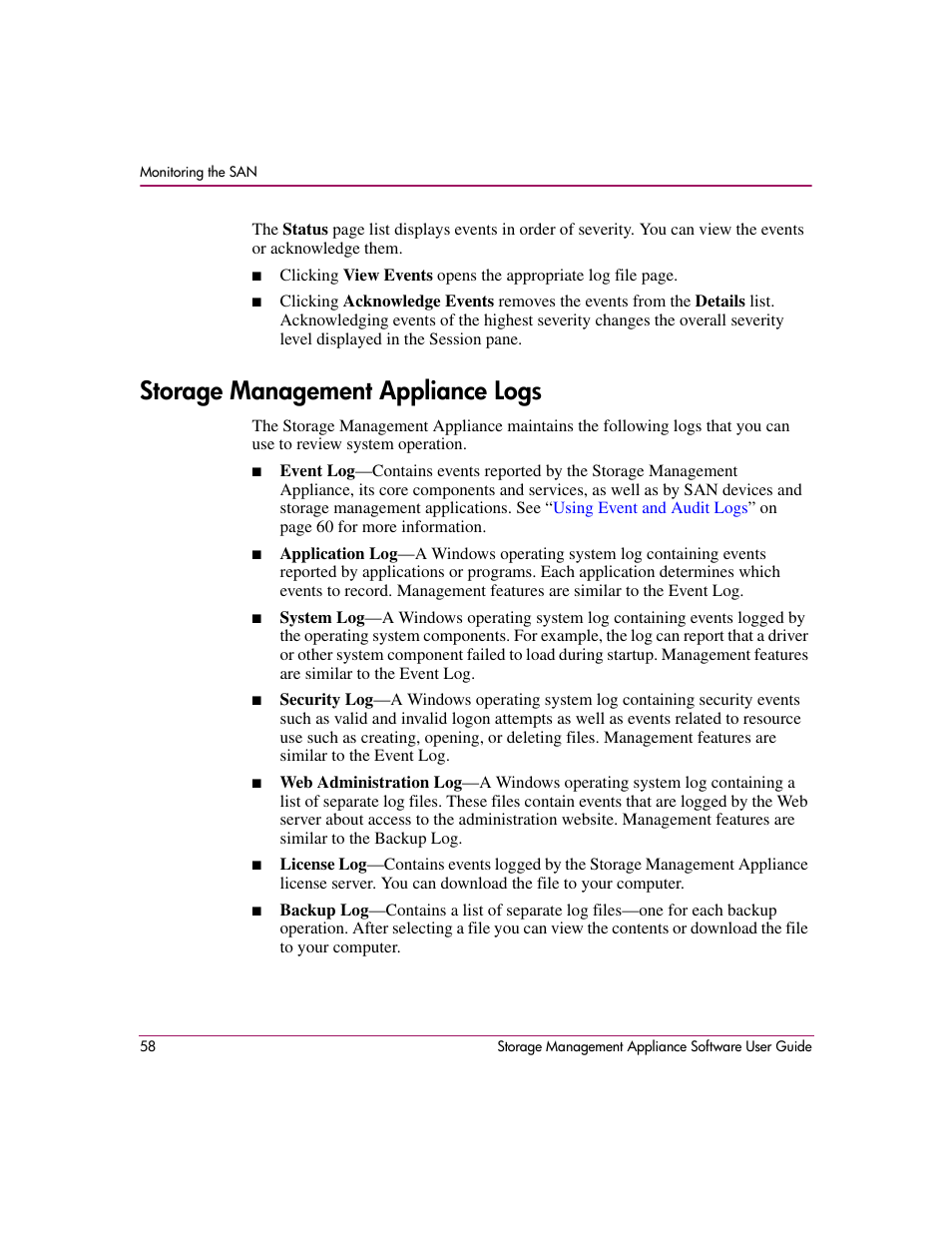 Storage management appliance logs | HP OpenView Storage Management Appliance and Software User Manual | Page 74 / 132