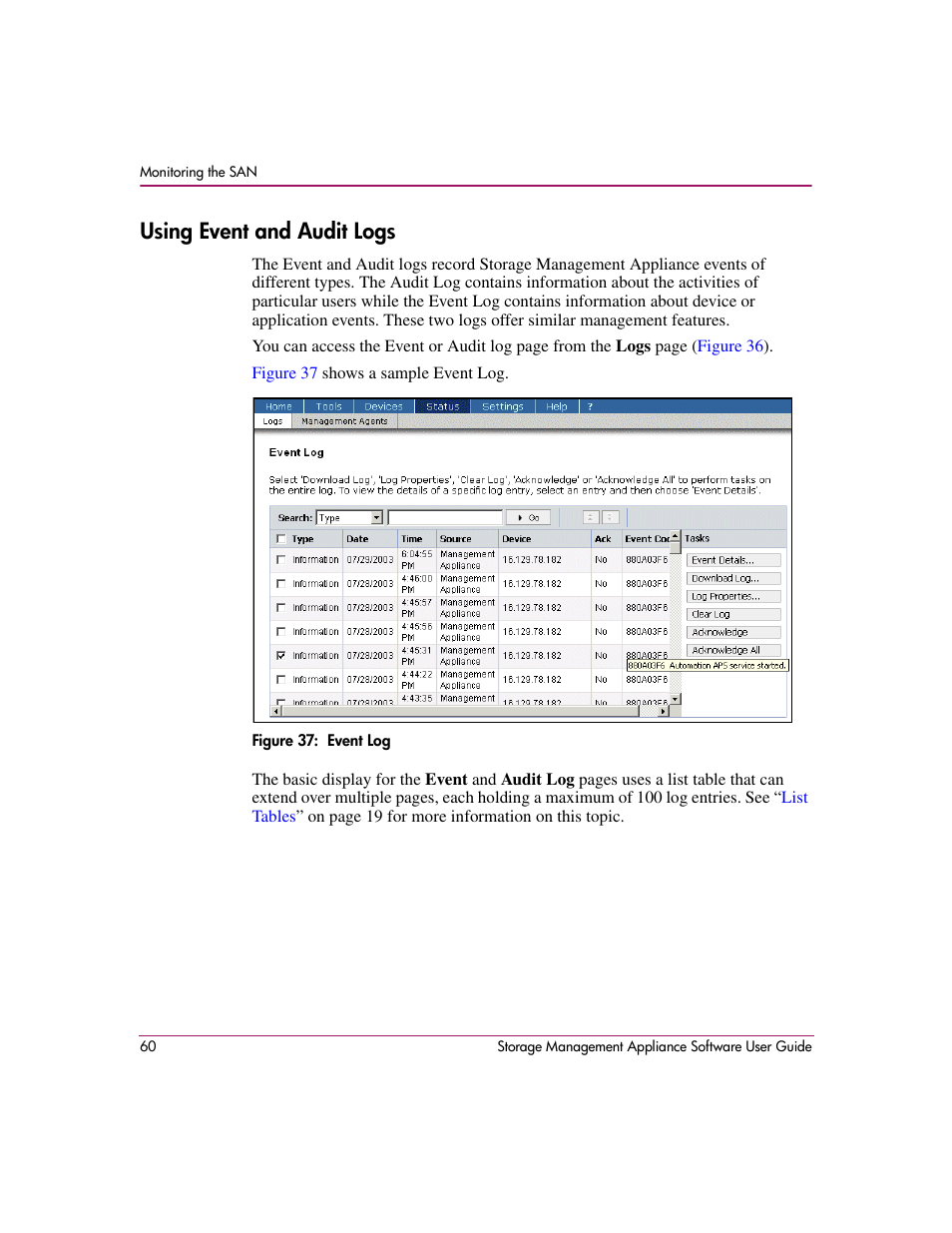 Using event and audit logs, Event log, Appliance. see | Using event and audit, Logs | HP OpenView Storage Management Appliance and Software User Manual | Page 76 / 132