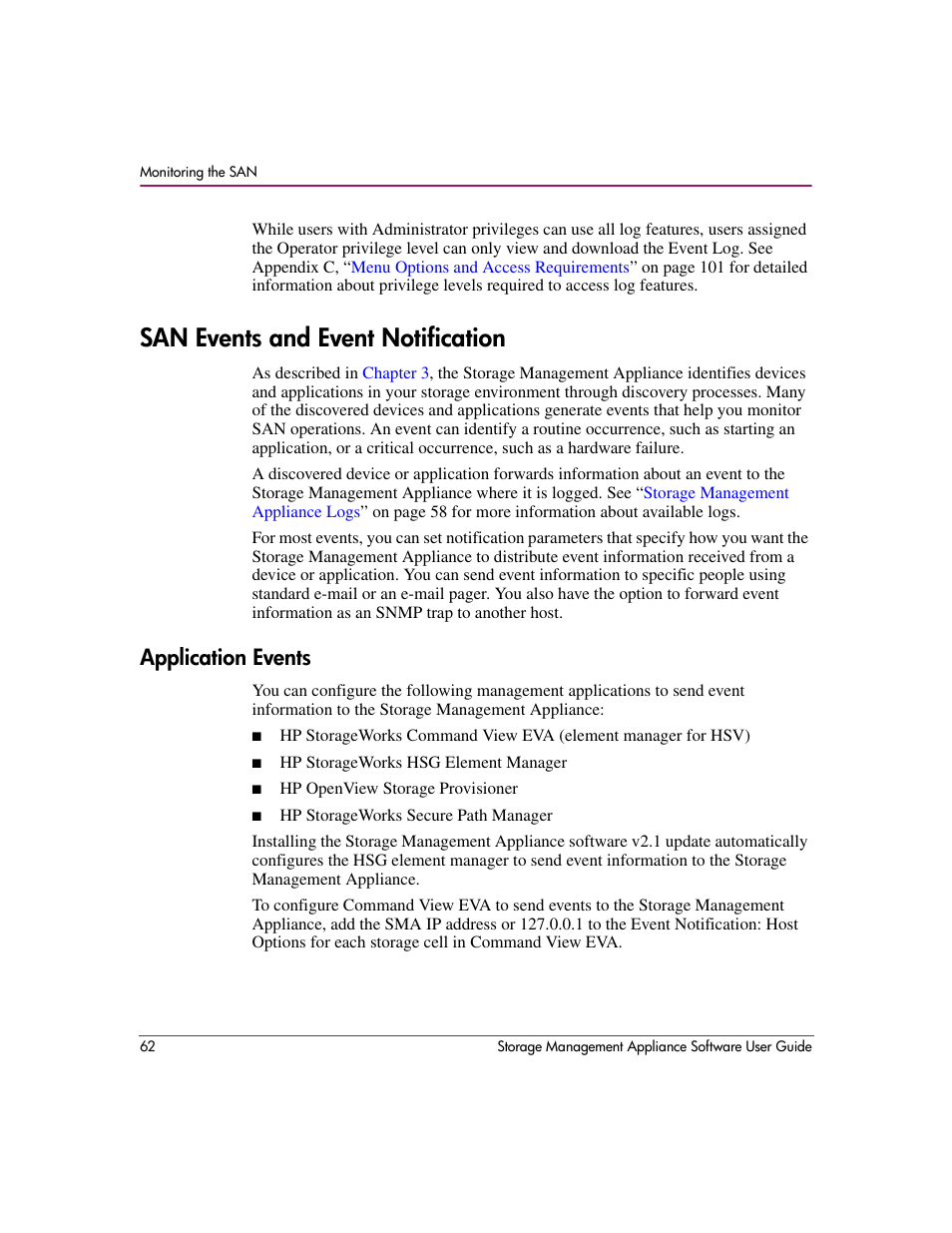 San events and event notification, Application events, San events and event | Notification | HP OpenView Storage Management Appliance and Software User Manual | Page 78 / 132