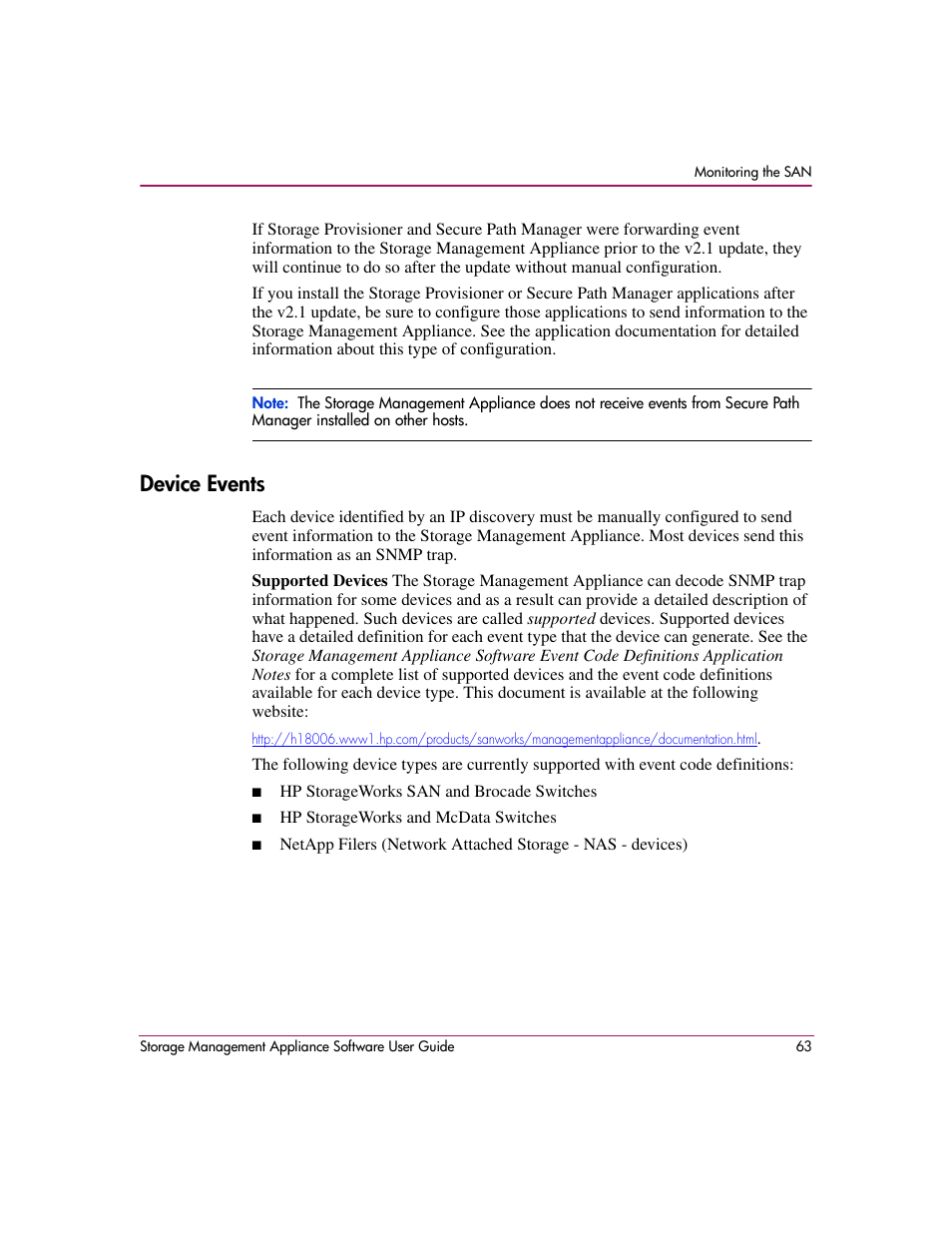 Device events | HP OpenView Storage Management Appliance and Software User Manual | Page 79 / 132
