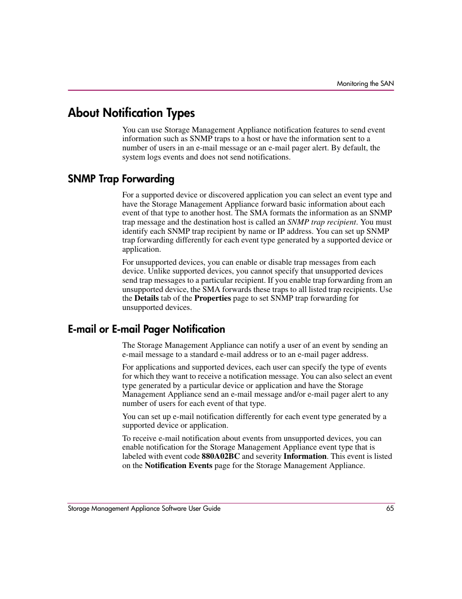About notification types, Snmp trap forwarding, E-mail or e-mail pager notification | HP OpenView Storage Management Appliance and Software User Manual | Page 81 / 132