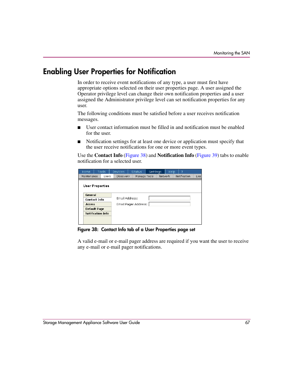 Enabling user properties for notification | HP OpenView Storage Management Appliance and Software User Manual | Page 83 / 132