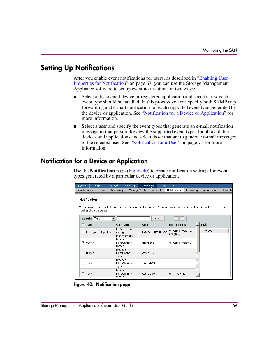 Setting up notifications, Notification for a device or application | HP OpenView Storage Management Appliance and Software User Manual | Page 85 / 132